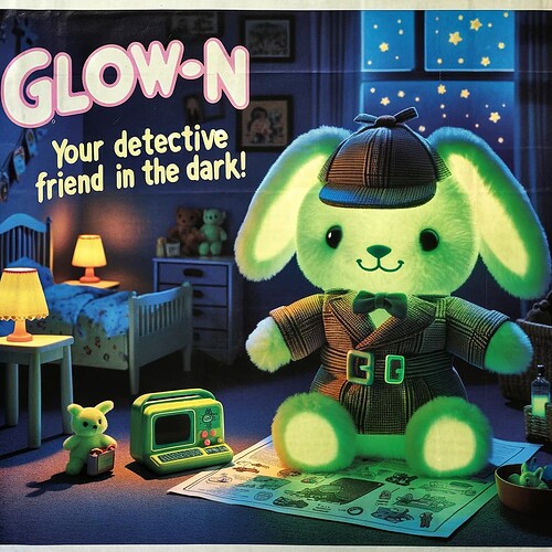 DALL·E 2023-11-17 09.37.57 - Advertisement for a glow in the dark rabbit plush toy named 'Glow-N', now with a small detective's coat and a tiny computer accessory. The rabbit plus