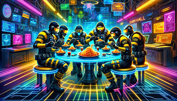 DALL·E 2024-02-01 21.10.26 - Cyberteam Six, a group of six cyber warriors, is depicted in a vibrant cyberspace environment, wearing black and yellow regalia that signifies their u