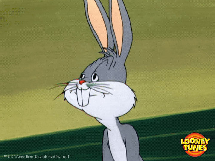 Багз Банни кивает головой. Заяц из мультфильма. Подмигивающий кролик. Удивленный кролик.